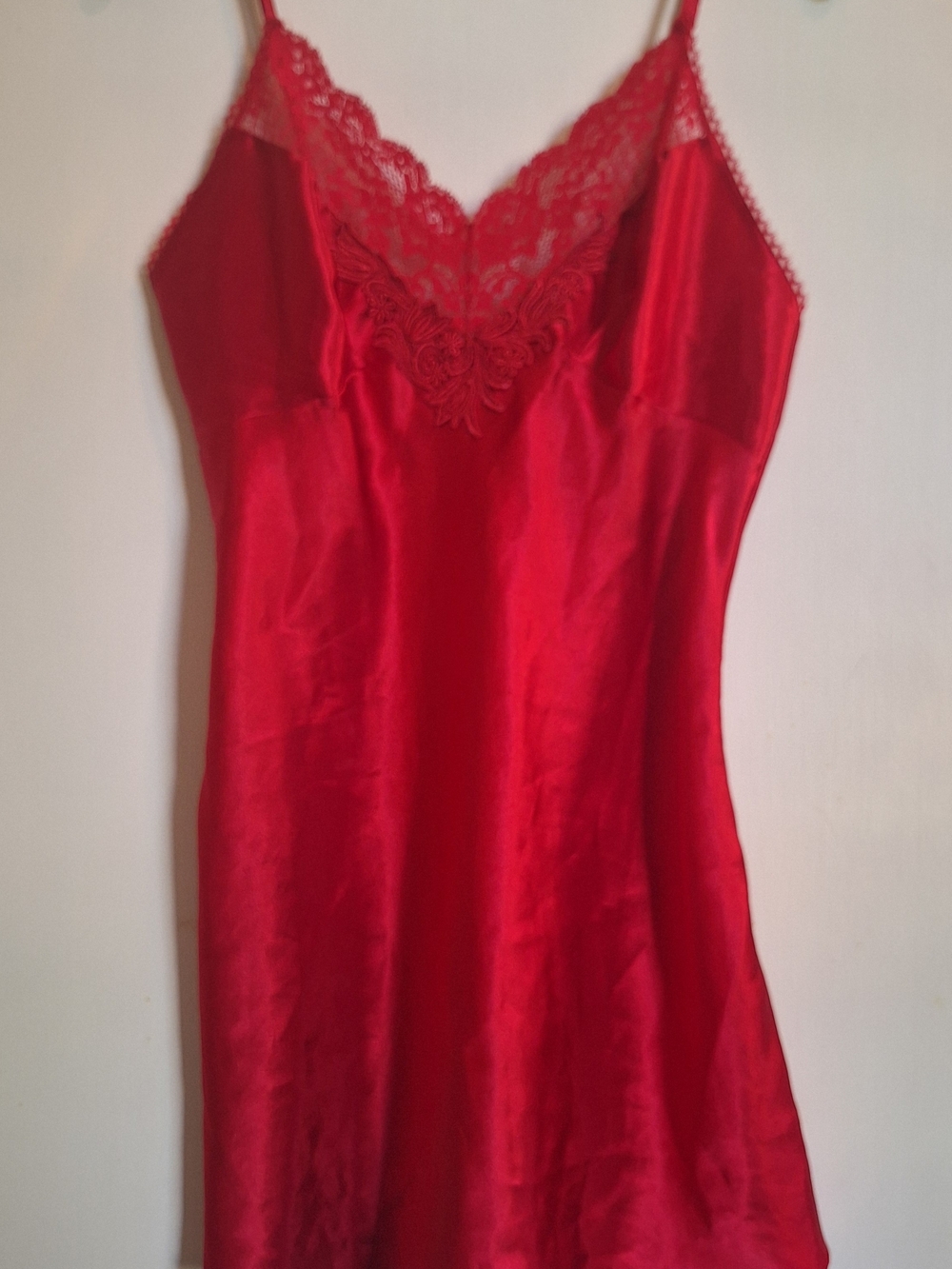 Vintage Victoria Secret Red Satin Lace Accent Mini Slip Dress Lingerie  Sz M